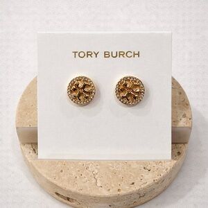 NWT Tory Burch Icon Pavé Circle Stud Earrings Rose Gold/Crystal OS Old Money